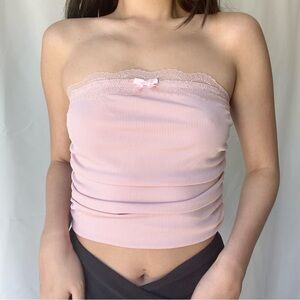 Baby Pink Rib Lace Trim Tube Top